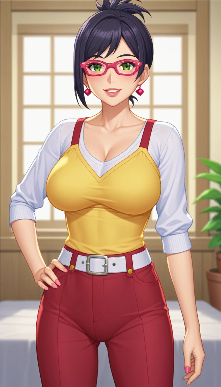 (Una chica anime de 27 años con camiseta morado azulado sin mangas informal de cuello alto parada frente a una estantería de libros:1.3), solo, personaje de anime femenino, visual anime de una mujer joven, Bob Haircut, red painted lips, thick lips, black hair, wearing glasses, big breast, green eyes, smiling, spreading their legs wide open, Anime Screencap, cowboy full shot, (masterpiece:1.1), (best quality:1.1), (super detailed:1.1)