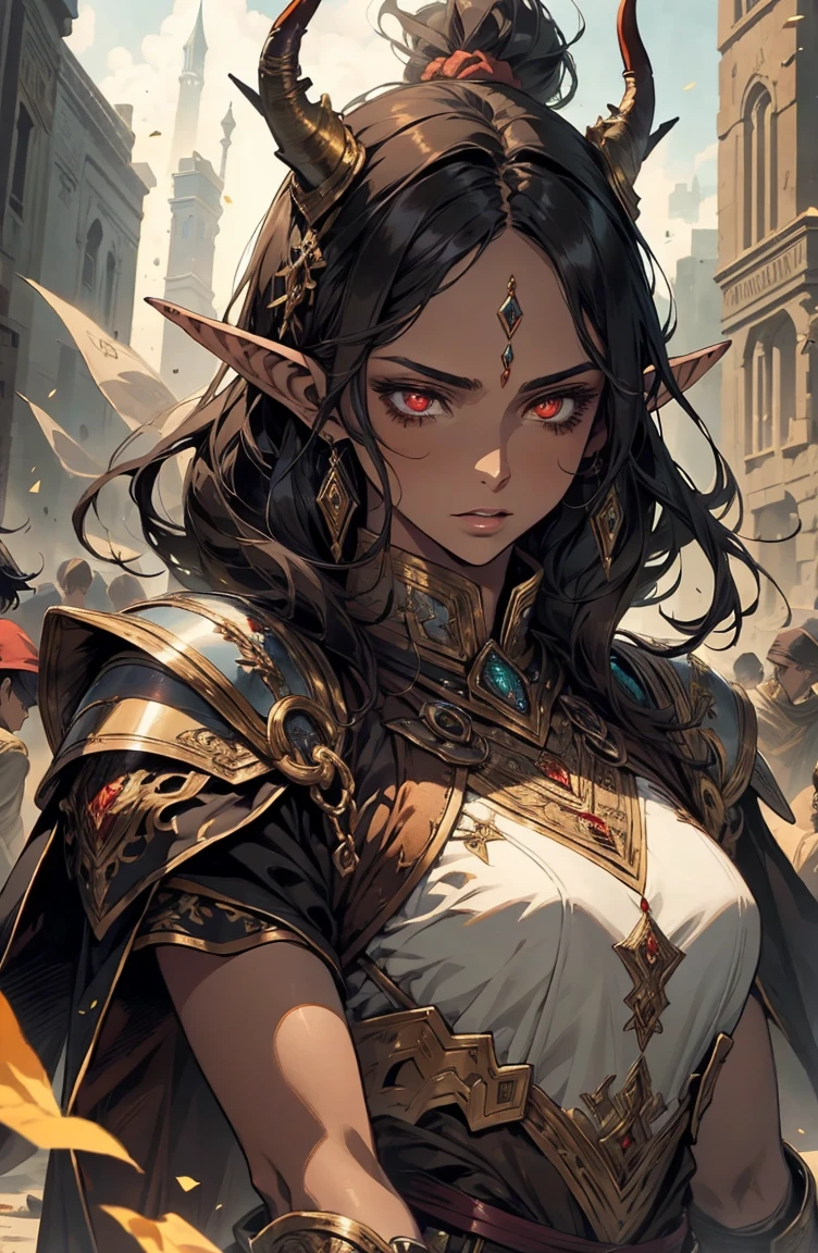 brown skin, older woman, sexy, tall, brown skin, one wing, black hair, elf, elf ears, horns, red eyes, sleeveless, armor, war, yellow, dramatic composition