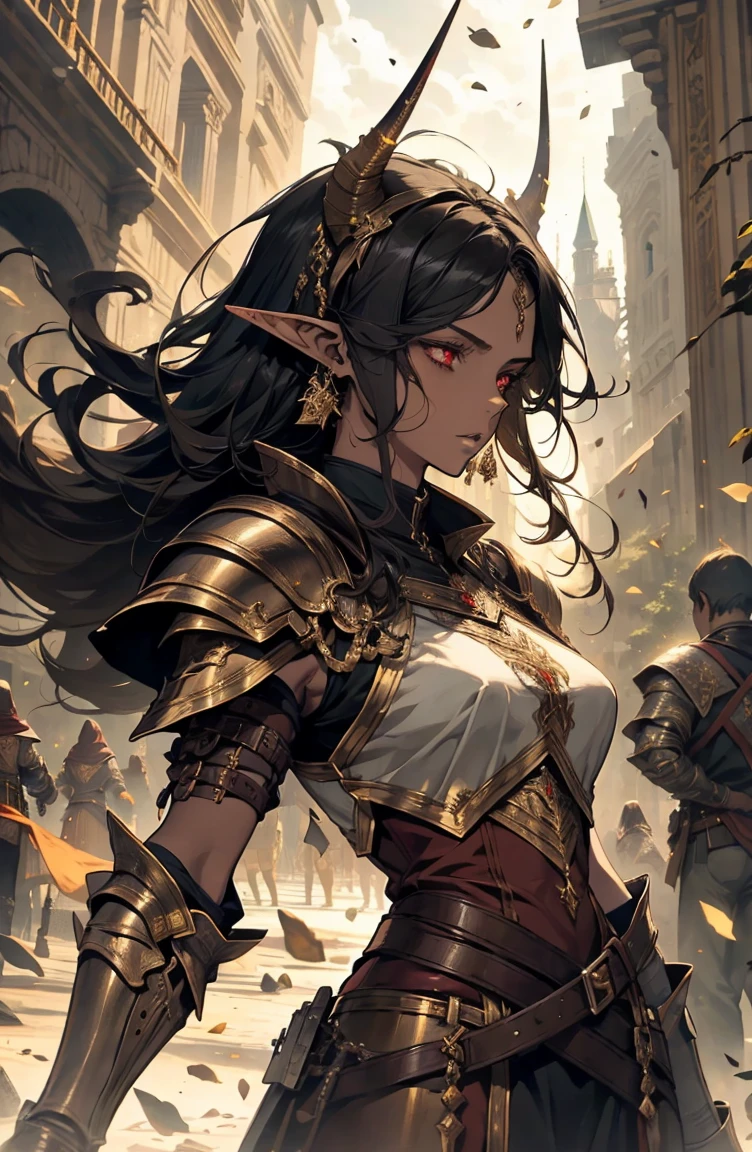 brown skin, older woman, sexy, tall, brown skin, one wing, black hair, elf, elf ears, horns, red eyes, sleeveless, armor, war, yellow, dramatic composition