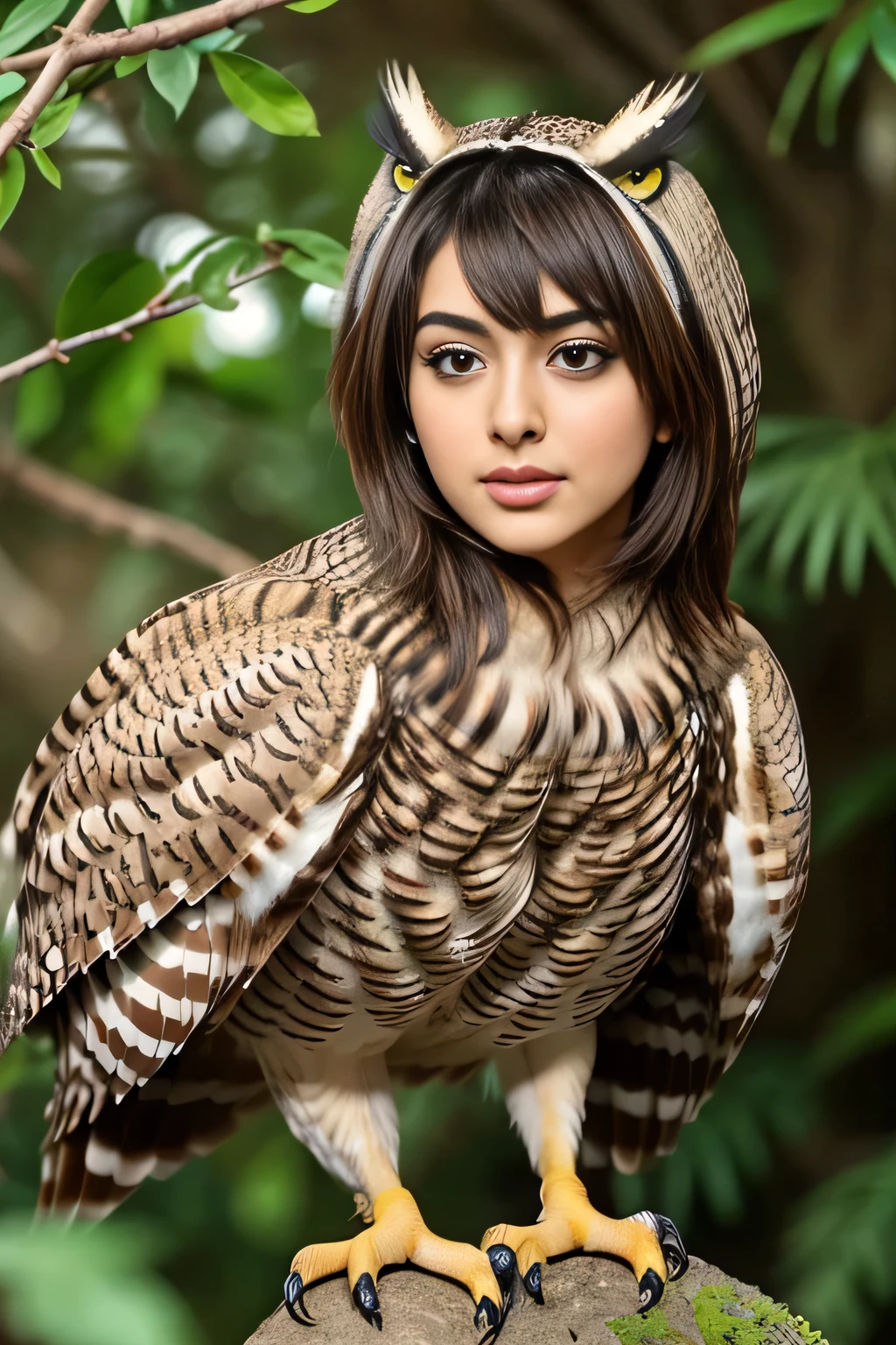 Hansika Motwani is a owl bird, She is a bird but her head looks like girl, from neck to full body looks like owl bird. Owl legs, Owl wings. Bird body, Owl body,   perfect picture, perfect bird, real bird, Real head replace with real Owl head. Exact Bird. Colorful Owl.