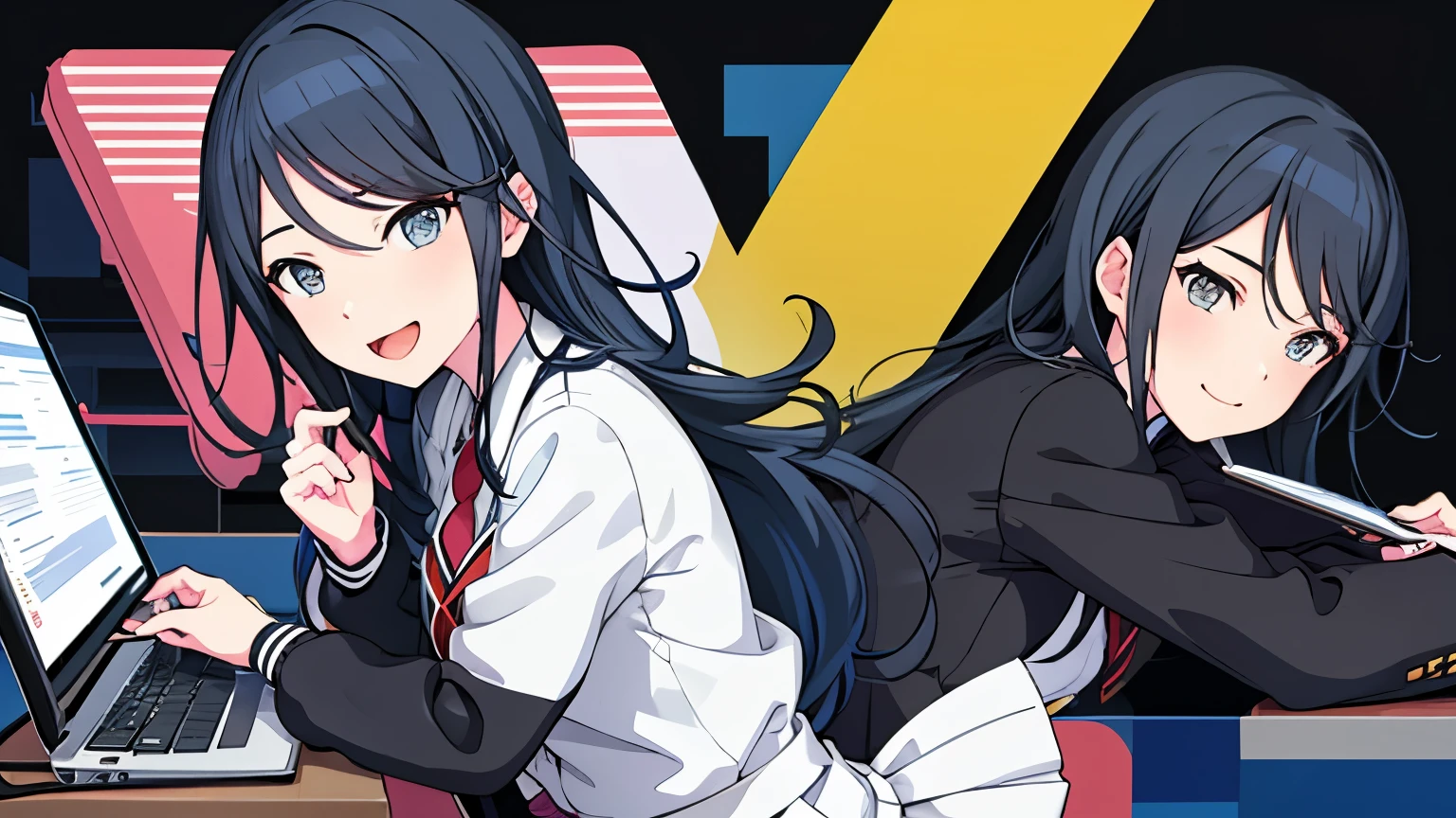 Ichika 3rd, View your viewers, smile, skirt, , shirt, Long sleeve, Holding, Mouth closed, , Black Hair, Jacket, white shirt, Upper Body, pleated skirt, Open clothes, tie, Using a computer