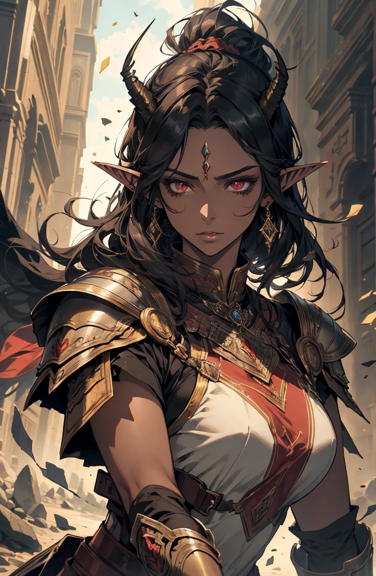brown skin, older woman, sexy, tall, brown skin, one wing, black hair, elf, elf ears, horns, red eyes, sleeveless, armor, war, yellow, dramatic composition