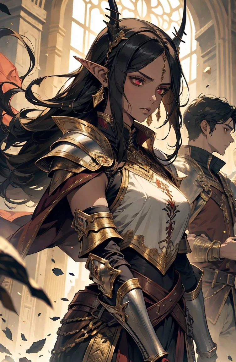 brown skin, older woman, sexy, tall, brown skin, one wing, black hair, elf, elf ears, horns, red eyes, sleeveless, armor, war, yellow, dramatic composition