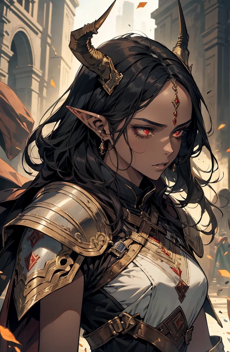 brown skin, older woman, sexy, tall, brown skin, one wing, black hair, elf, elf ears, horns, red eyes, sleeveless, armor, war, yellow, dramatic composition