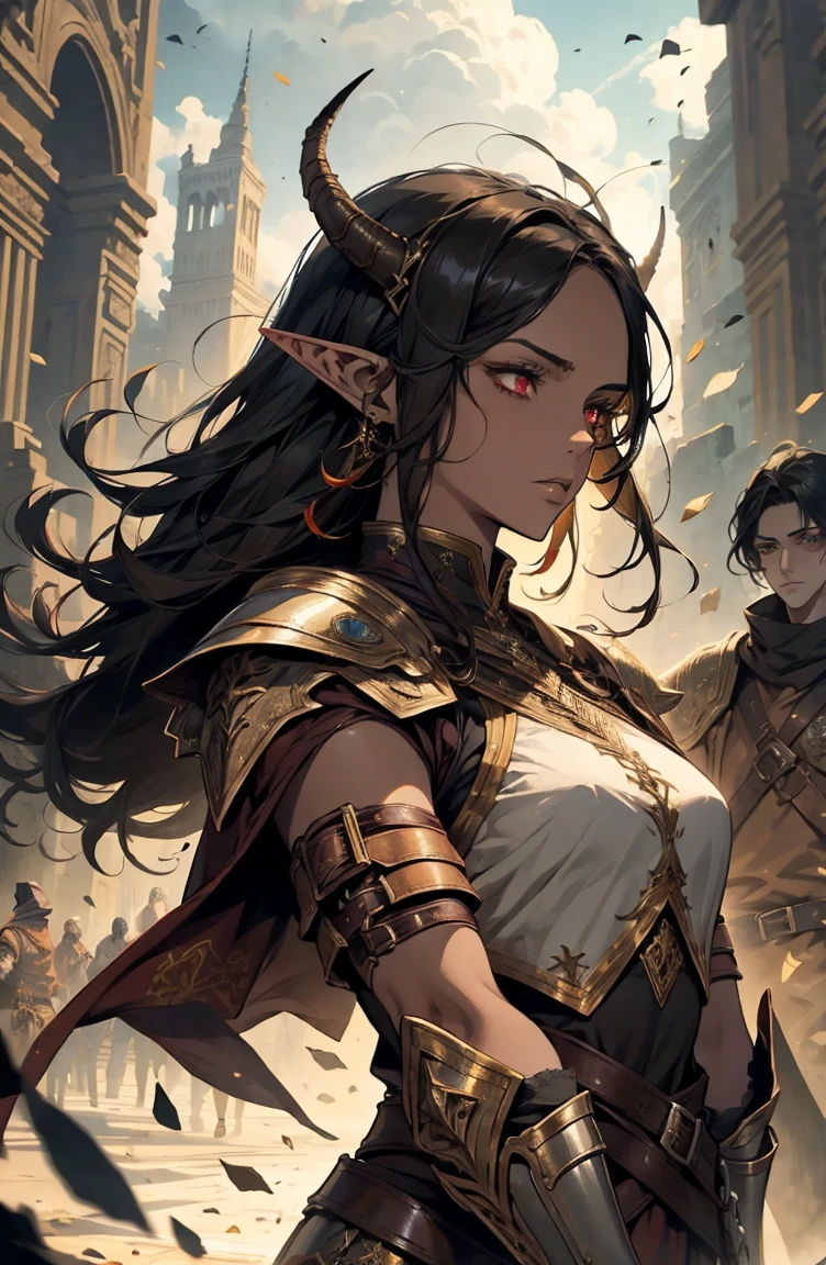 brown skin, older woman, sexy, tall, brown skin, one wing, black hair, elf, elf ears, horns, red eyes, sleeveless, armor, war, yellow, dramatic composition