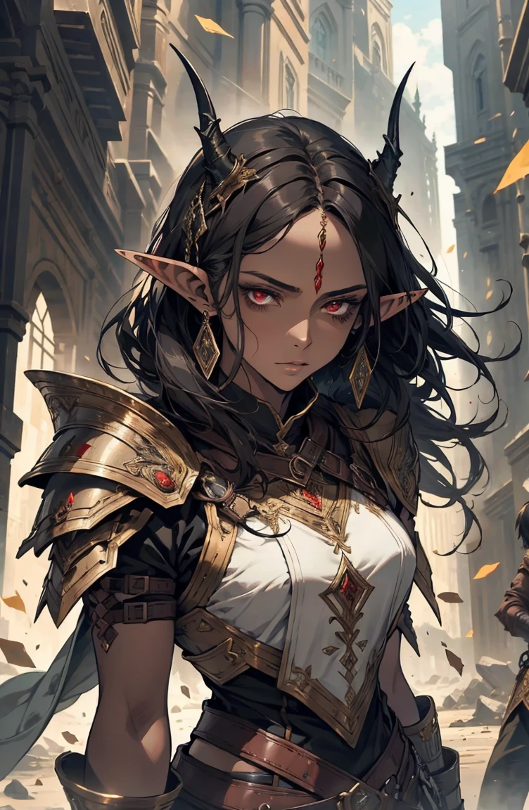 brown skin, older woman, sexy, tall, brown skin, one wing, black hair, elf, elf ears, horns, red eyes, sleeveless, armor, war, yellow, dramatic composition