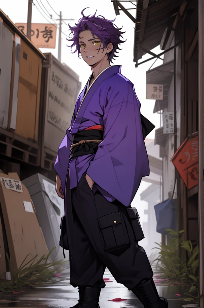 A boy, naughty man, adolescent, purple hair, yellow eyes, posing, Wearing a kimono with black cargo pants, with messy hair