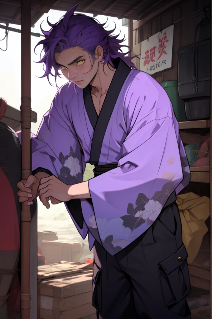 A boy, naughty man, adolescent, purple hair, yellow eyes, posing, Wearing a kimono with black cargo pants, with messy hair