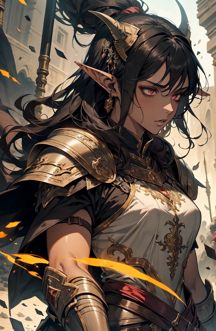 brown skin, older woman, sexy, tall, brown skin, one wing, black hair, elf, elf ears, horns, red eyes, sleeveless, armor, war, yellow, dramatic composition