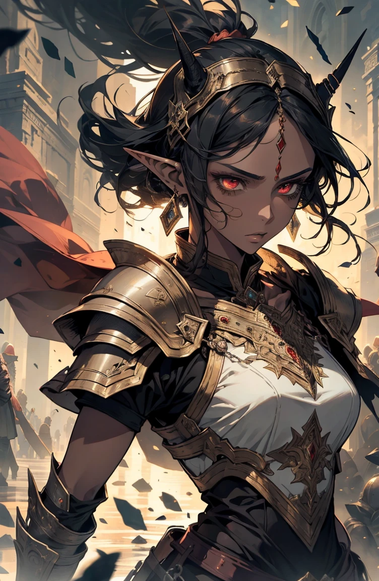 brown skin, older woman, sexy, tall, brown skin, one wing, black hair, elf, elf ears, horns, red eyes, sleeveless, armor, war, yellow, dramatic composition