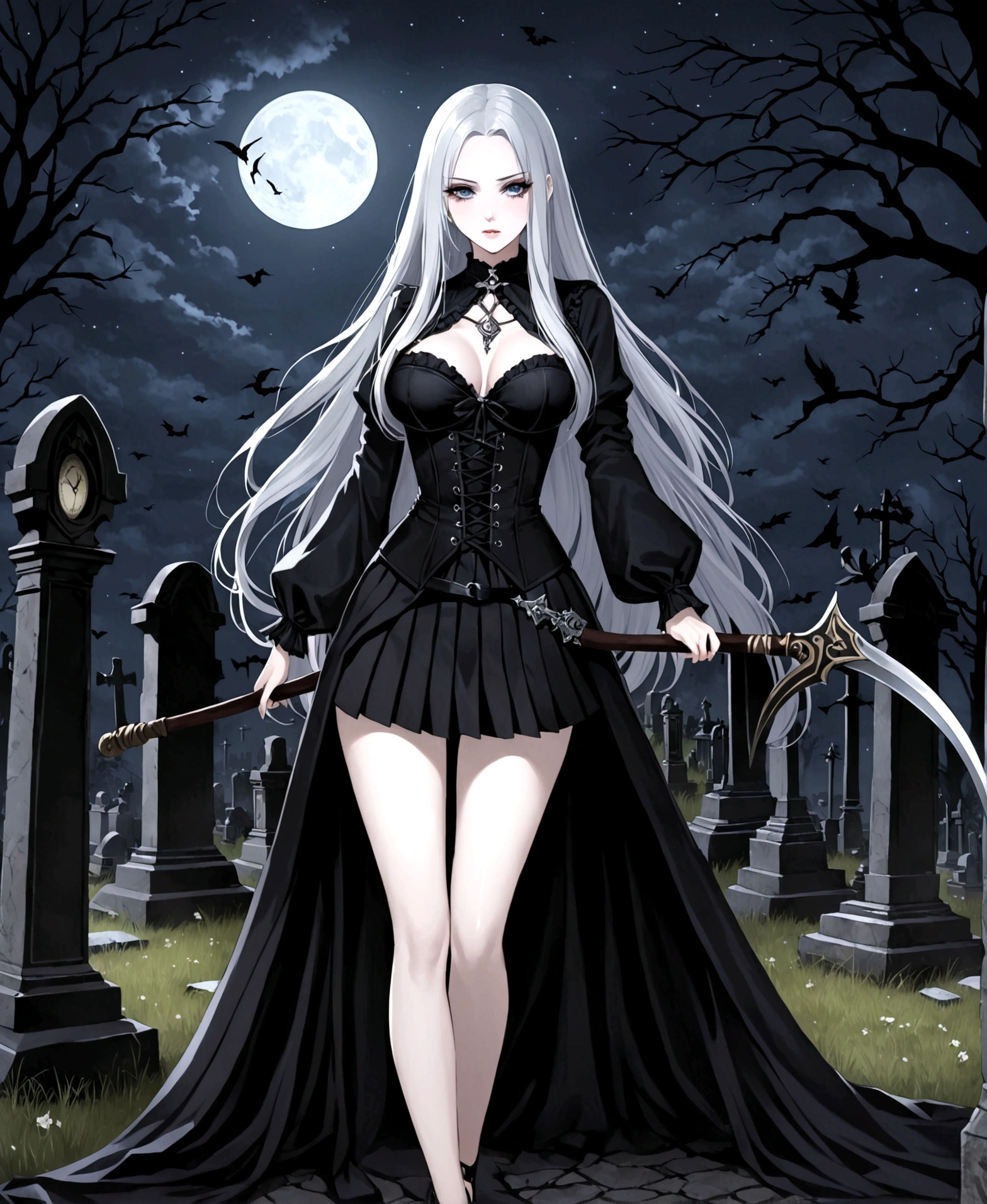 A woman, necromancer, beautiful, pale skin, scythe, at night, in a cemetery, surrounded by corpses, fitted clothes, black clothes, pleated mini-skirt, corset, low-cut blouse, hourglass body, shapely legs, medium hips, medium waist, medium breasts, extremely long hair