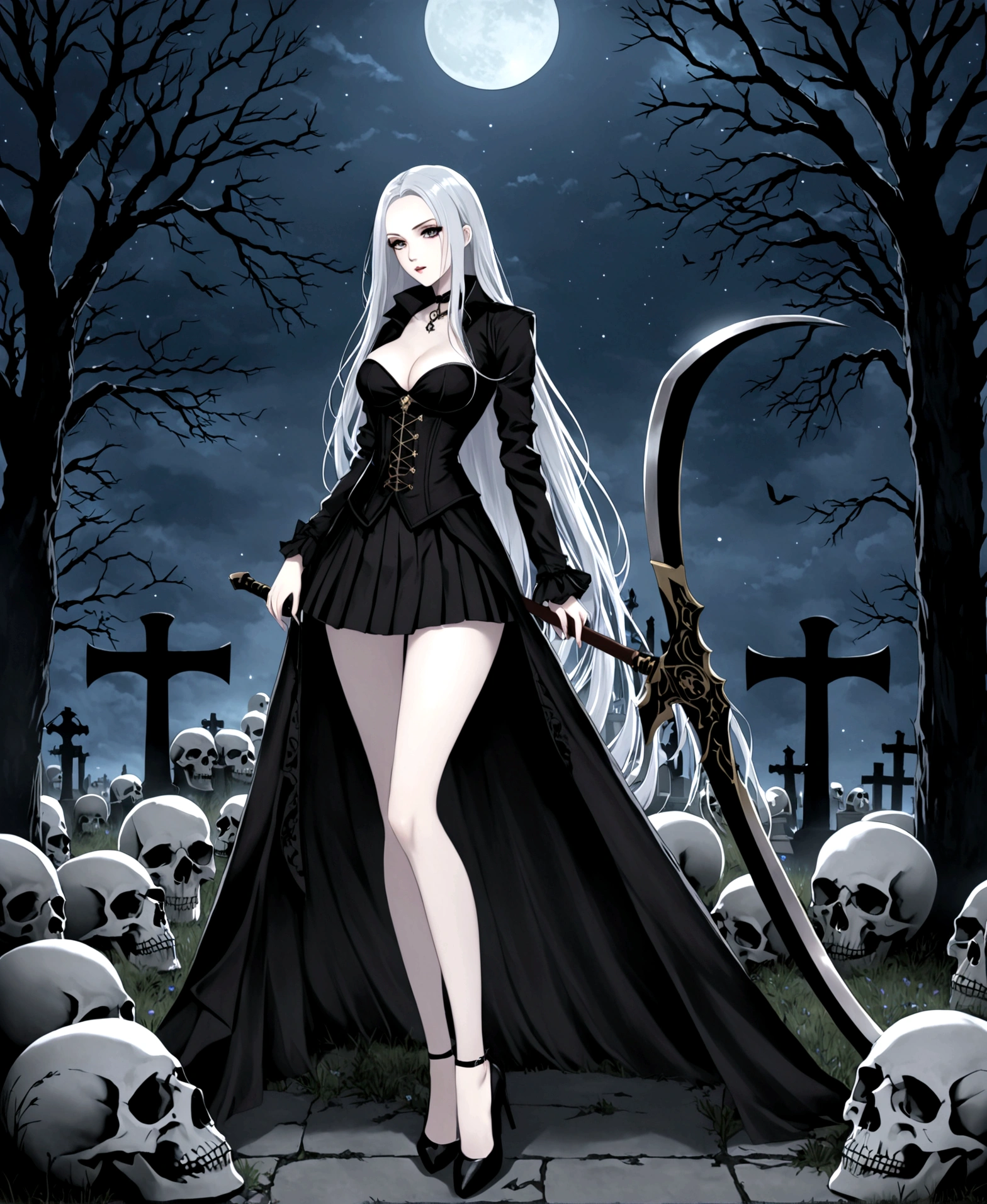 A woman, necromancer, beautiful, pale skin, scythe, at night, in a cemetery, surrounded by corpses, fitted clothes, black clothes, pleated mini-skirt, corset, low-cut blouse, hourglass body, shapely legs, medium hips, medium waist, medium breasts, extremely long hair