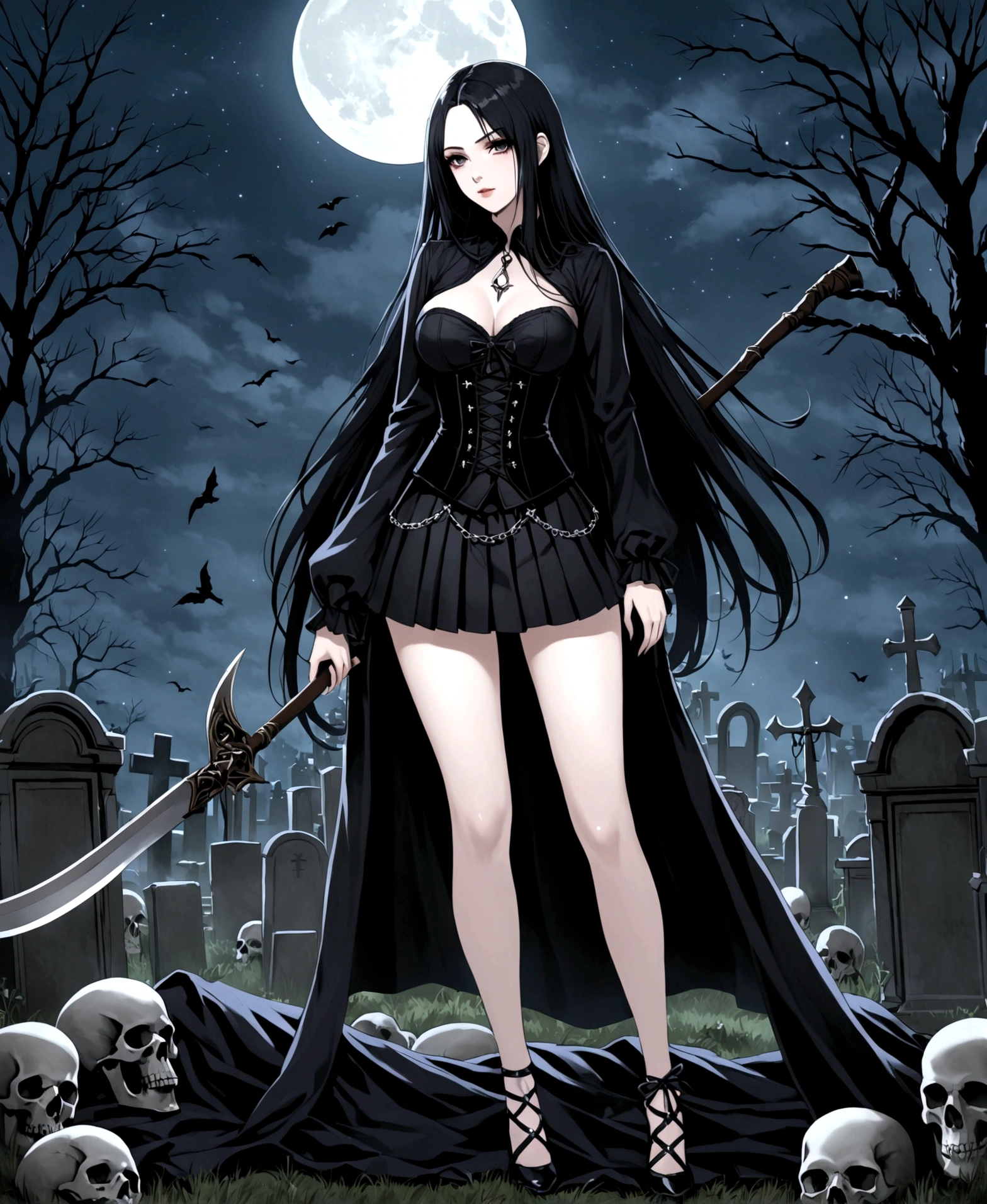 A woman, necromancer, beautiful, pale skin, scythe, at night, in a cemetery, surrounded by corpses, fitted clothes, black clothes, pleated mini-skirt, corset, low-cut blouse, hourglass body, shapely legs, medium hips, medium waist, medium breasts, extremely long hair