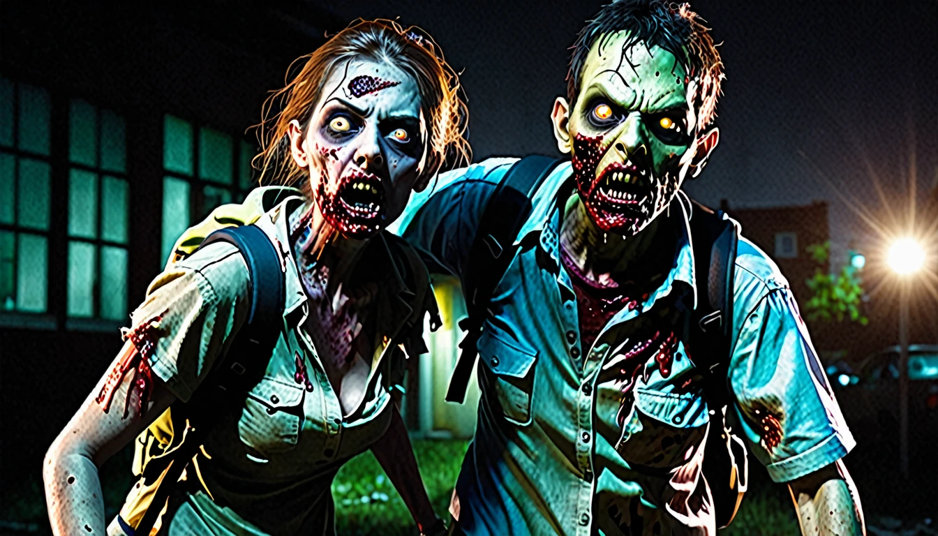 create a realistic scene where a zombie with sinister eyes and exposed wounds on its body is trying to attack a person, the person attacked is holding a flashlight and wearing a backpack, the zombie is trying to bite the victim's neck but the victim is resisting.