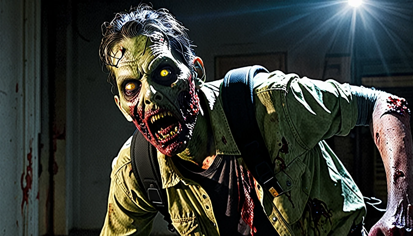 create a realistic scene where a zombie with sinister eyes and exposed wounds on its body is trying to attack a person, the person attacked is holding a flashlight and wearing a backpack, the zombie is trying to bite the victim's neck but the victim is resisting.