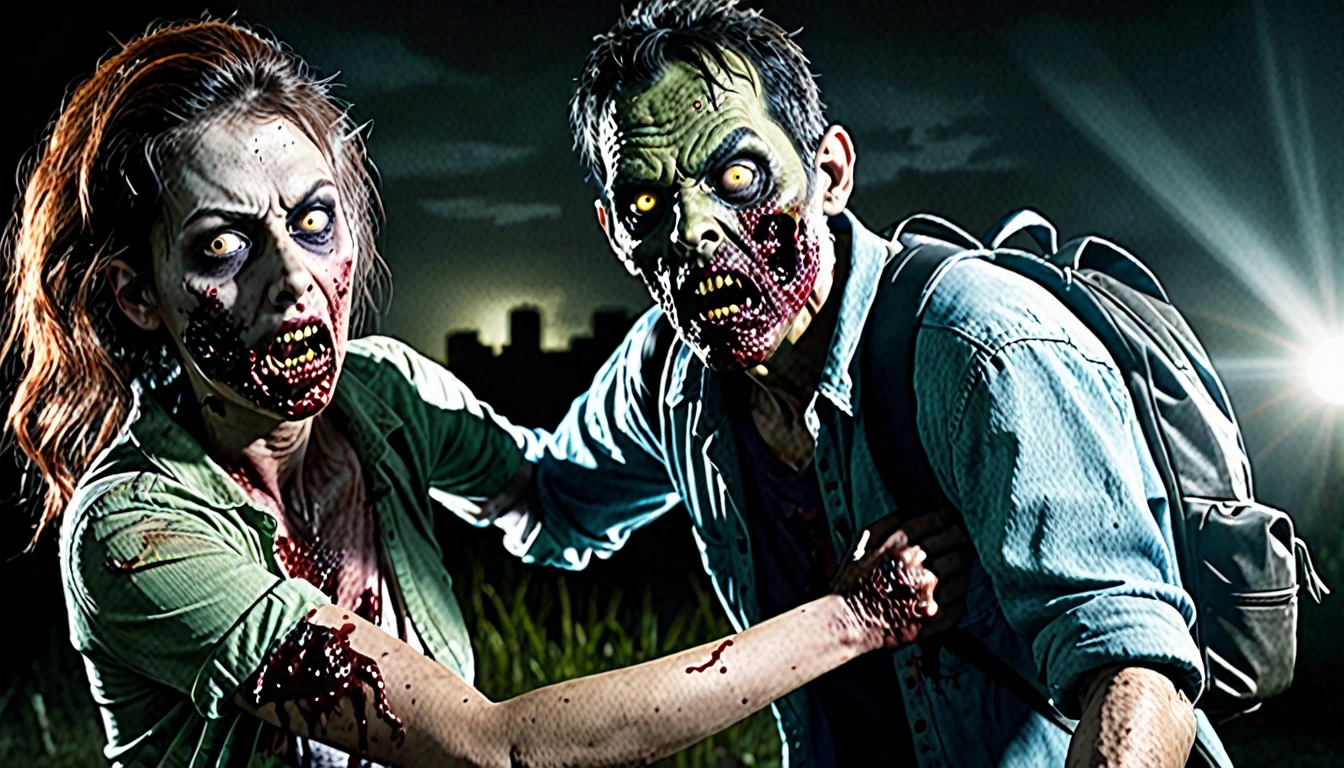 create a realistic scene where a zombie with sinister eyes and exposed wounds on its body is trying to attack a person, the person attacked is holding a flashlight and wearing a backpack, the zombie is trying to bite the victim&#39;s neck but the victim is resisting.