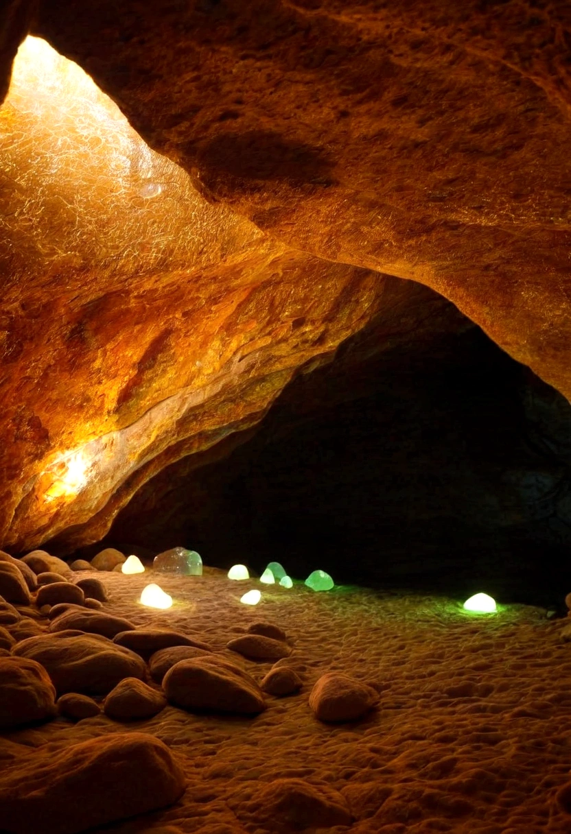 Interior of a cave with glowing crystals on the walls. very natural