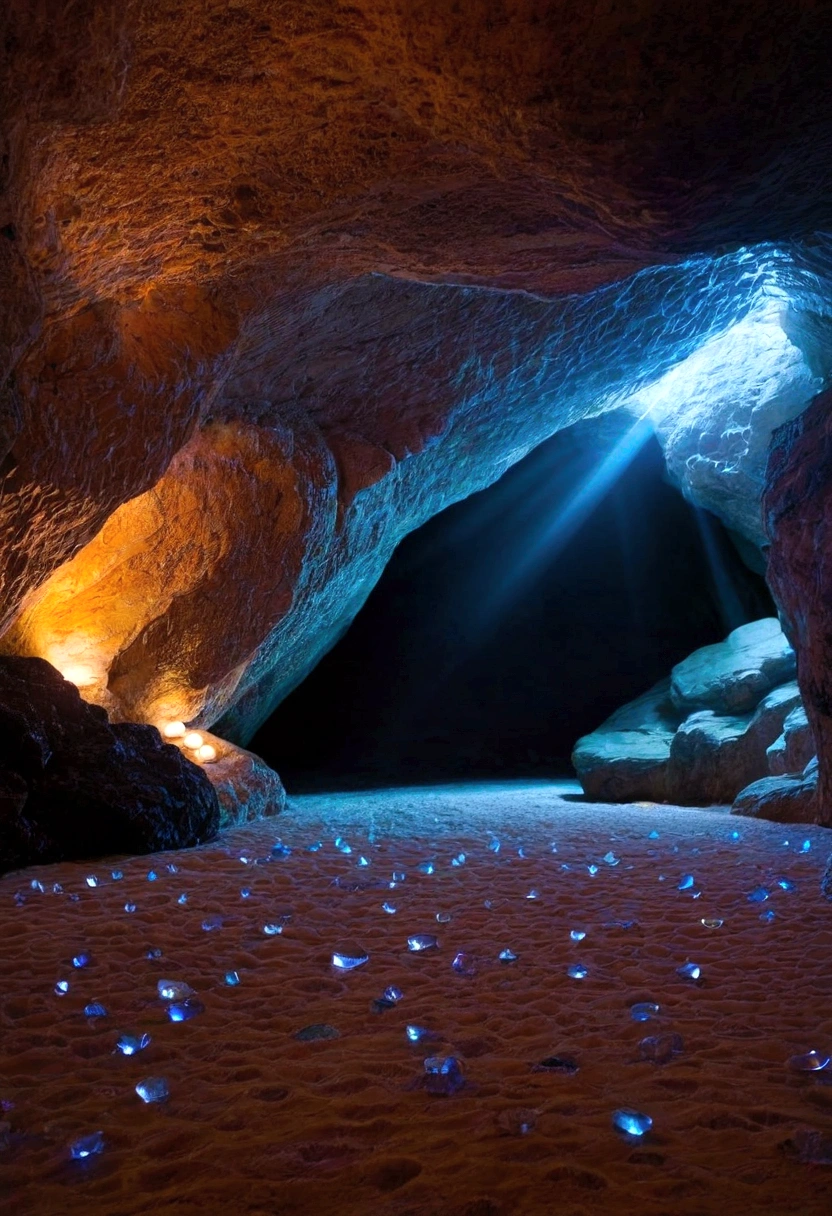 Interior of a cave with glowing crystals on the walls. very natural