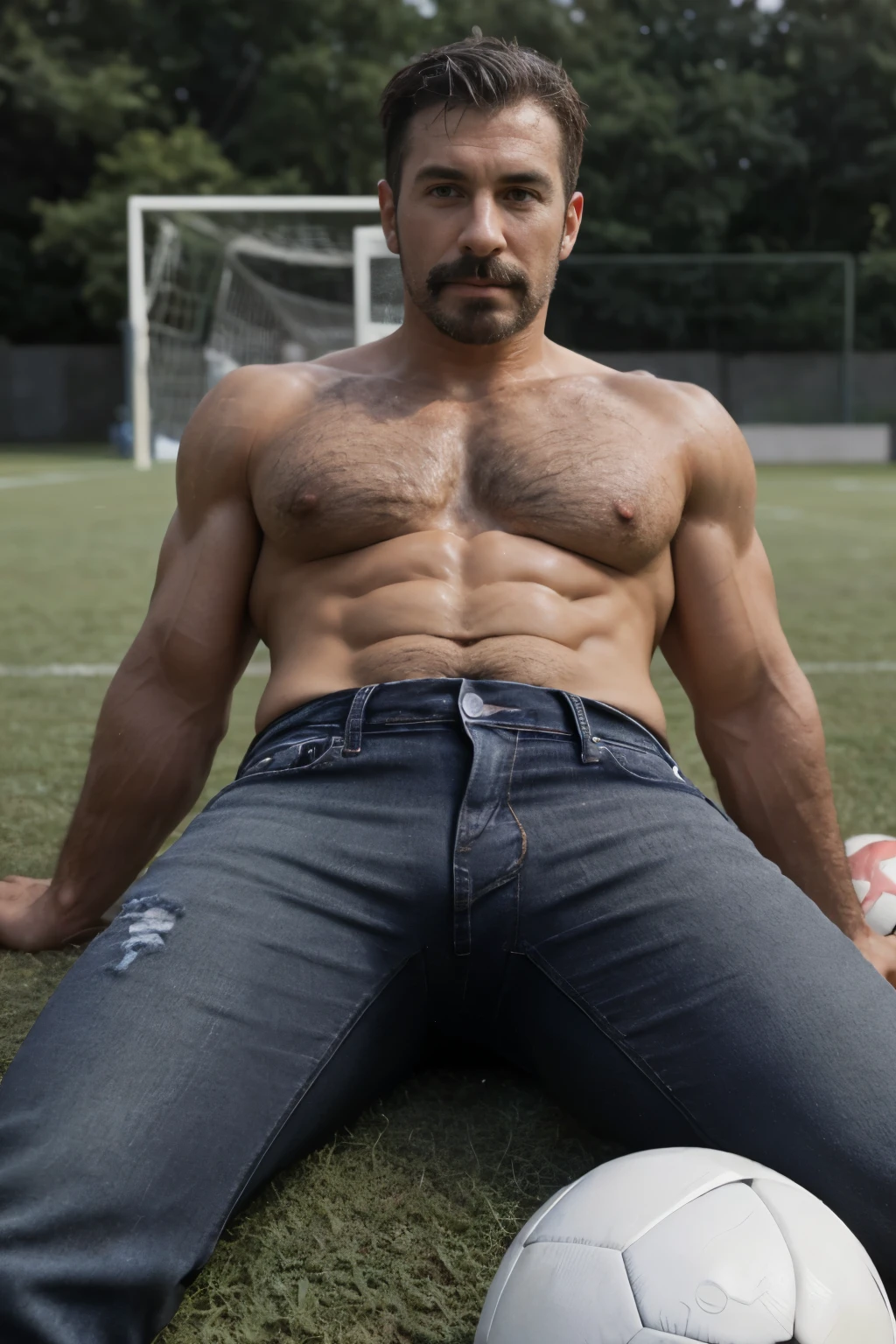 (((Muscular man))) masterpiece, best quality, high resolution, closeup portrait, male focus, solo focus, A man, 50 years old, grey hair, soccer player, football player, grey silver hair, messy hairstyle, cute and seductive face, bare chest, body hair, facial hair, roman nose, , hairy legs, cute, dimples, goatee and mustache, bold jawline , full body, sweaty, in the background an outdoor soccer football field, amazing composition, , HDR, ultra quality, elegant, highly detailed,, beautiful asd, realisric male genitalia (((Big muscles))) (((black jeans))) (((lay down))) penis out masturbating