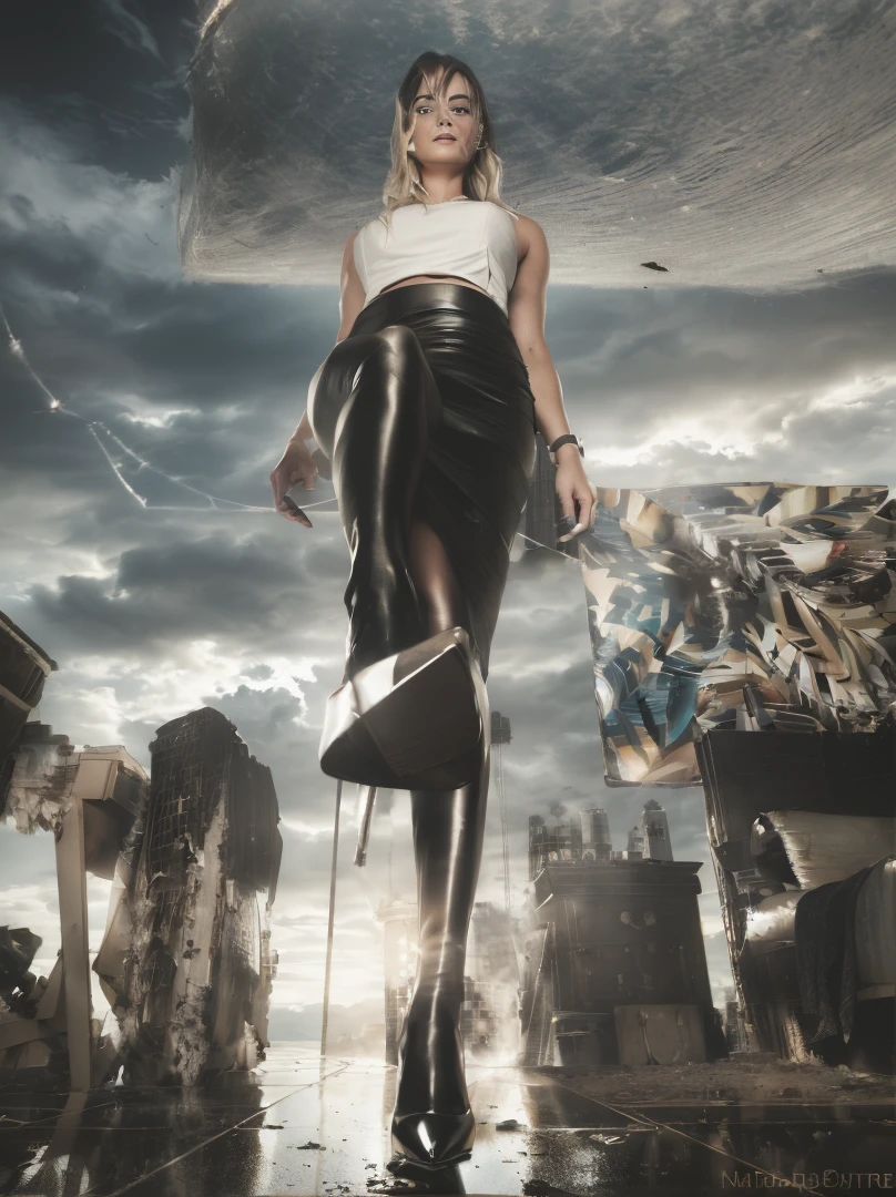 ((Margot Robbie)), (masterpiece, best quality, best shadows, best shading, perfect hands, perfect face, cinematic lighting, colorful, ultra-detailed, beautiful photography, character focus, extremely-detailed, photorealistic, hyper photorealism, atmospheric), (rural destruction:1.7), (dirty, filthy, unwashed, sweaty, unkempt, angry, tired, exhausted, annoyed), ((walking, mid stride:1.2, stepping down on:1.2, stomping, crush, rampage)), (black patent Louboutin pointed toe pumps, high heels, stiletto heels), ((revealing crisp white blouse, short black pencil skirt)), (high altitude photography, satellite view), (curvy, exposed cleavage, heaving bosom, legs), (urban sprawl, farmland and small towns, destruction, buildings, roads), (((cloudy, overcast, clouds and atmosphere partly obscuring the subject:1.2, hazy atmosphere, haze in foreground, wispy clouds)))
