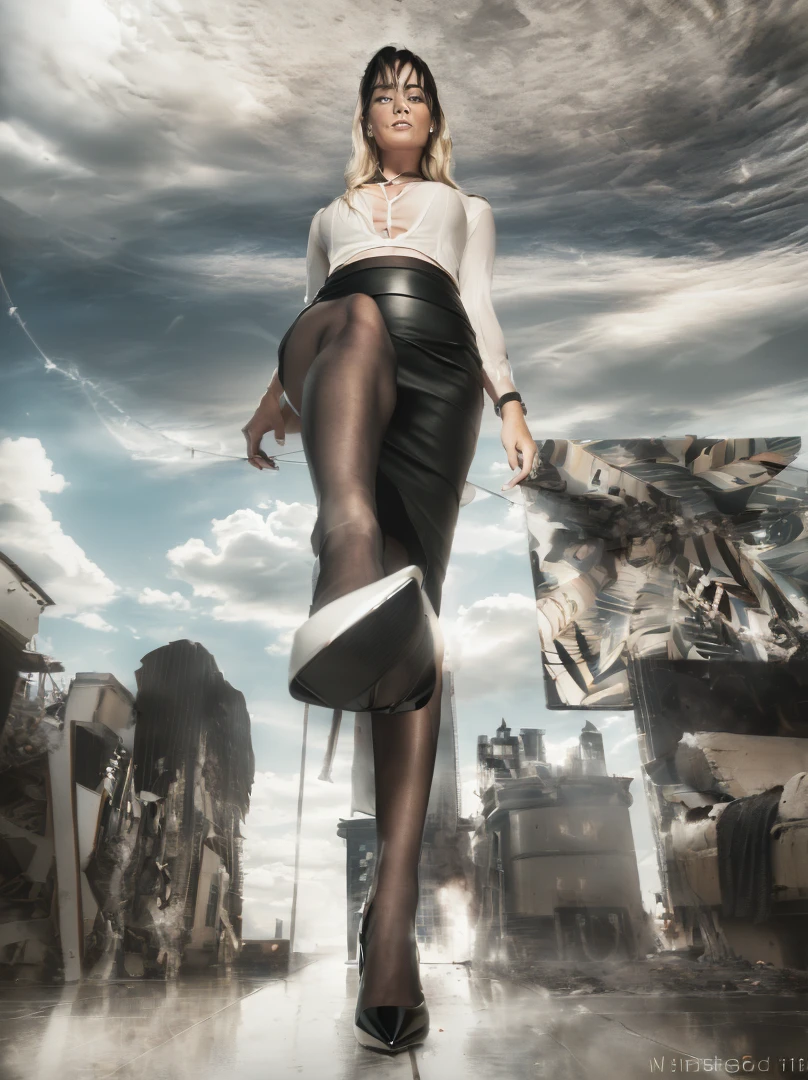 ((Margot Robbie)), (masterpiece, best quality, best shadows, best shading, perfect hands, perfect face, cinematic lighting, colorful, ultra-detailed, beautiful photography, character focus, extremely-detailed, photorealistic, hyper photorealism, atmospheric), (rural destruction:1.7), (dirty, filthy, unwashed, sweaty, unkempt, angry, tired, exhausted, annoyed), ((walking, mid stride:1.2, stepping down on:1.2, stomping, crush, rampage)), (black patent Louboutin pointed toe pumps, high heels, stiletto heels), ((revealing crisp white blouse, short black pencil skirt)), (high altitude photography, satellite view), (curvy, exposed cleavage, heaving bosom, legs), (urban sprawl, farmland and small towns, destruction, buildings, roads), (((cloudy, overcast, clouds and atmosphere partly obscuring the subject:1.2, hazy atmosphere, haze in foreground, wispy clouds)))