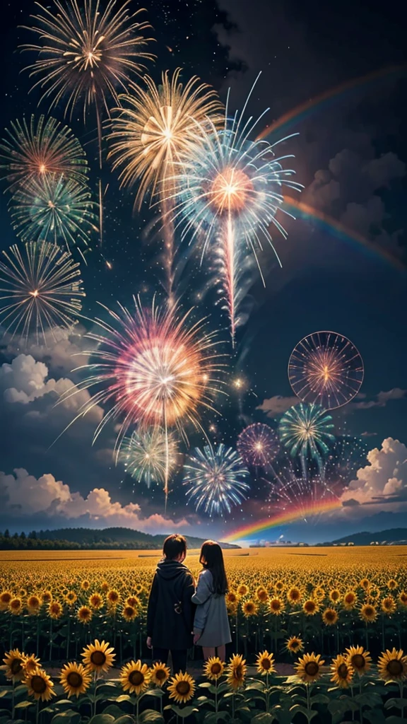 Landscape of sunflower field、firework、firework大会、Rainbow colorsのfireworkが打ちあがっている瞬間、夜nullとともに、、ひまわり景色で壮大なfirework、future都市、Highest quality、masterpiece, (Diffuse reflection of light:1.2), When the fantastic rainbow turns into shadow, bathed in a mystical atmosphere, Cast magic spells. evoke a sense of wonder and awe. A fusion of natural grandeur and magic, Weaving dreams into reality. Behold, null, And the unknown, Fleeting、And an eternal moment, 16K, Ultra-high resolution.Realistic, Ultra-high resolution, to be born,future、Rainbow colorsに光り輝く、Rainbow colors、The world 30 years from now。