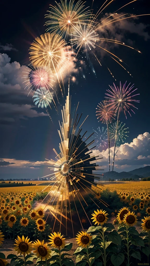 Landscape of sunflower field、firework、firework大会、Rainbow colorsのfireworkが打ちあがっている瞬間、夜nullとともに、、ひまわり景色で壮大なfirework、future都市、Highest quality、masterpiece, (Diffuse reflection of light:1.2), When the fantastic rainbow turns into shadow, bathed in a mystical atmosphere, Cast magic spells. evoke a sense of wonder and awe. A fusion of natural grandeur and magic, Weaving dreams into reality. Behold, null, And the unknown, Fleeting、And an eternal moment, 16K, Ultra-high resolution.Realistic, Ultra-high resolution, to be born,future、Rainbow colorsに光り輝く、Rainbow colors、The world 30 years from now。