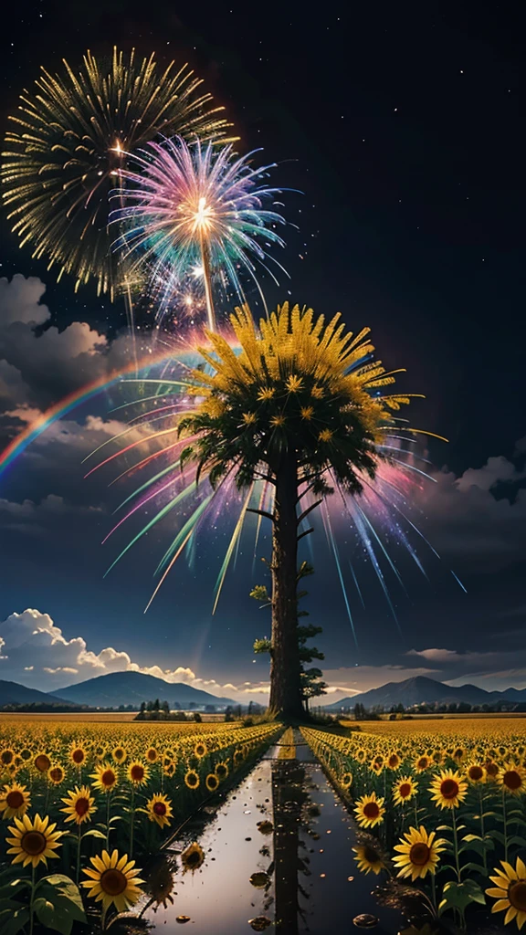 Landscape of sunflower field、firework、firework大会、Rainbow colorsのfireworkが打ちあがっている瞬間、夜nullとともに、、ひまわり景色で壮大なfirework、future都市、Highest quality、masterpiece, (Diffuse reflection of light:1.2), When the fantastic rainbow turns into shadow, bathed in a mystical atmosphere, Cast magic spells. evoke a sense of wonder and awe. A fusion of natural grandeur and magic, Weaving dreams into reality. Behold, null, And the unknown, Fleeting、And an eternal moment, 16K, Ultra-high resolution.Realistic, Ultra-high resolution, to be born,future、Rainbow colorsに光り輝く、Rainbow colors、The world 30 years from now。