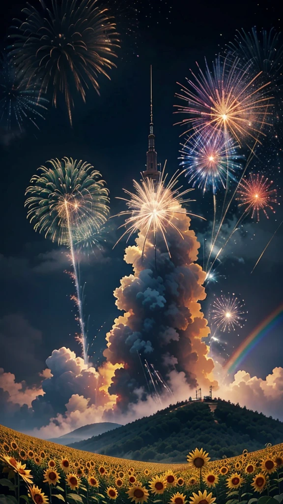 Landscape of sunflower field、firework、firework大会、Rainbow colorsのfireworkが打ちあがっている瞬間、夜nullとともに、、ひまわり景色で壮大なfirework、future都市、Highest quality、masterpiece, (Diffuse reflection of light:1.2), When the fantastic rainbow turns into shadow, bathed in a mystical atmosphere, Cast magic spells. evoke a sense of wonder and awe. A fusion of natural grandeur and magic, Weaving dreams into reality. Behold, null, And the unknown, Fleeting、And an eternal moment, 16K, Ultra-high resolution.Realistic, Ultra-high resolution, to be born,future、Rainbow colorsに光り輝く、Rainbow colors、The world 30 years from now。