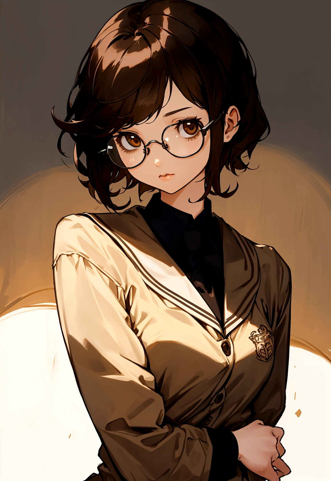 Girl with short brown hair, and brown eyes, wearing a school outfit, with black round glasses