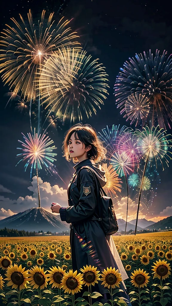 Landscape of sunflower field、firework、firework大会、Rainbow colorsのfireworkが打ちあがっている瞬間、夜nullとともに、、ひまわり景色で壮大なfirework、future都市、Highest quality、masterpiece, (Diffuse reflection of light:1.2), When the fantastic rainbow turns into shadow, bathed in a mystical atmosphere, Cast magic spells. evoke a sense of wonder and awe. A fusion of natural grandeur and magic, Weaving dreams into reality. Behold, null, And the unknown, Fleeting、And an eternal moment, 16K, Ultra-high resolution.Realistic, Ultra-high resolution, to be born,future、Rainbow colorsに光り輝く、Rainbow colors、The world 30 years from now。
