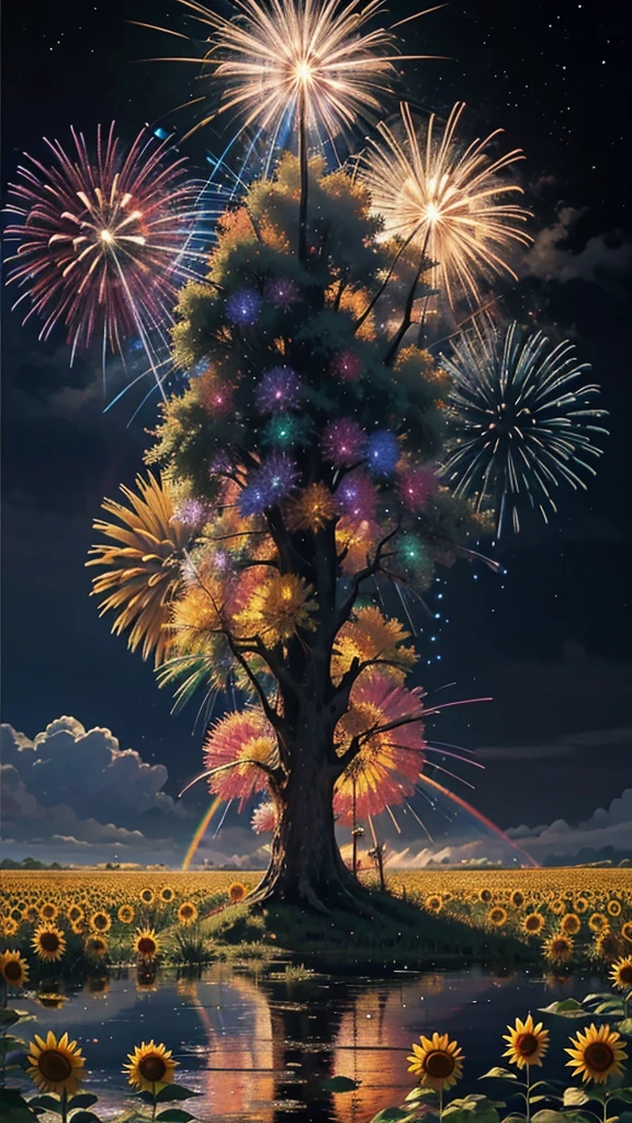 Landscape of sunflower field、firework、firework大会、Rainbow colorsのfireworkが打ちあがっている瞬間、夜nullとともに、、ひまわり景色で壮大なfirework、future都市、Highest quality、masterpiece, (Diffuse reflection of light:1.2), When the fantastic rainbow turns into shadow, bathed in a mystical atmosphere, Cast magic spells. evoke a sense of wonder and awe. A fusion of natural grandeur and magic, Weaving dreams into reality. Behold, null, And the unknown, Fleeting、And an eternal moment, 16K, Ultra-high resolution.Realistic, Ultra-high resolution, to be born,future、Rainbow colorsに光り輝く、Rainbow colors、The world 30 years from now。