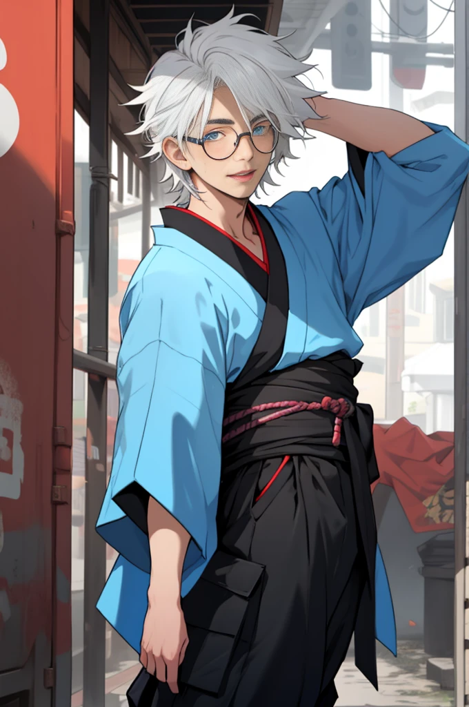 A boy, naughty man, adolescent, white hair, blue colored eyes, posing, Wearing a kimono with black cargo pants and black circular glasses, with messy hair