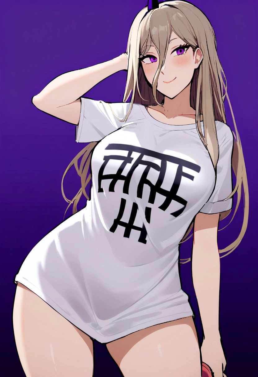 1 girl,smiling wearing a shirt ,big purple ,that borders the thigh , text is written on the shirt: ´´H a r l´´, with a bold look.,