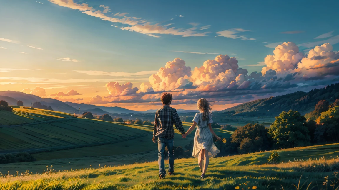 Distant view, an image of a couple walking through a dark green grass field, The boy is wearing a plaid shirt and jeans, the girl is wearing a long white dress, Both are holding hands and moving away from the camera's perspective, towards the horizon, sunet, many white cloud, romantic, Create a peaceful and open space, blue is the main color, anime, 8k