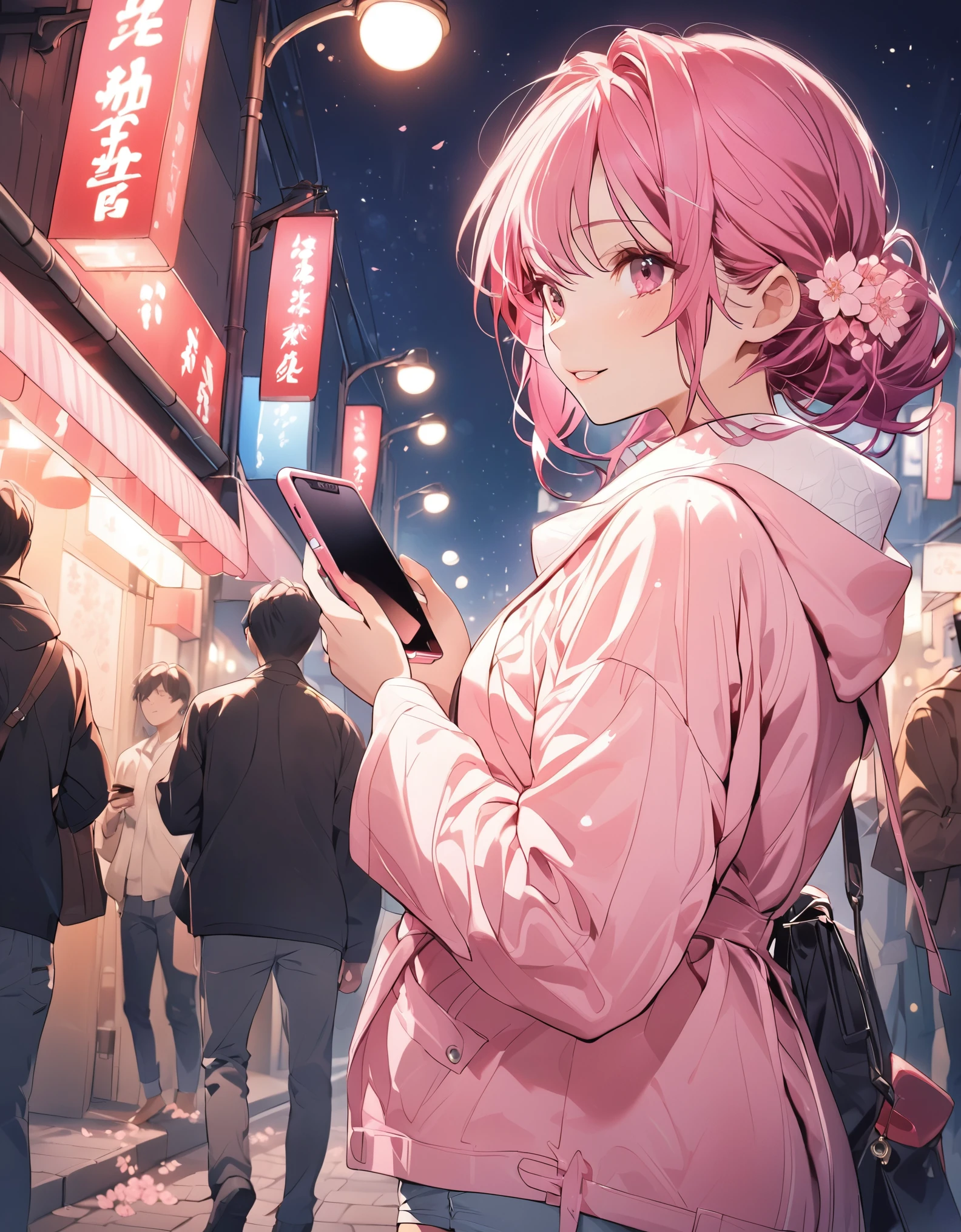 Beautiful woman, street lights at night, Fiddling with smartphones, Hot Pants, Fragrant pink flowers, Sakura, Passersby, night gradient, fine details, Subtle tones, There is a sense of tranquility in the picture.
