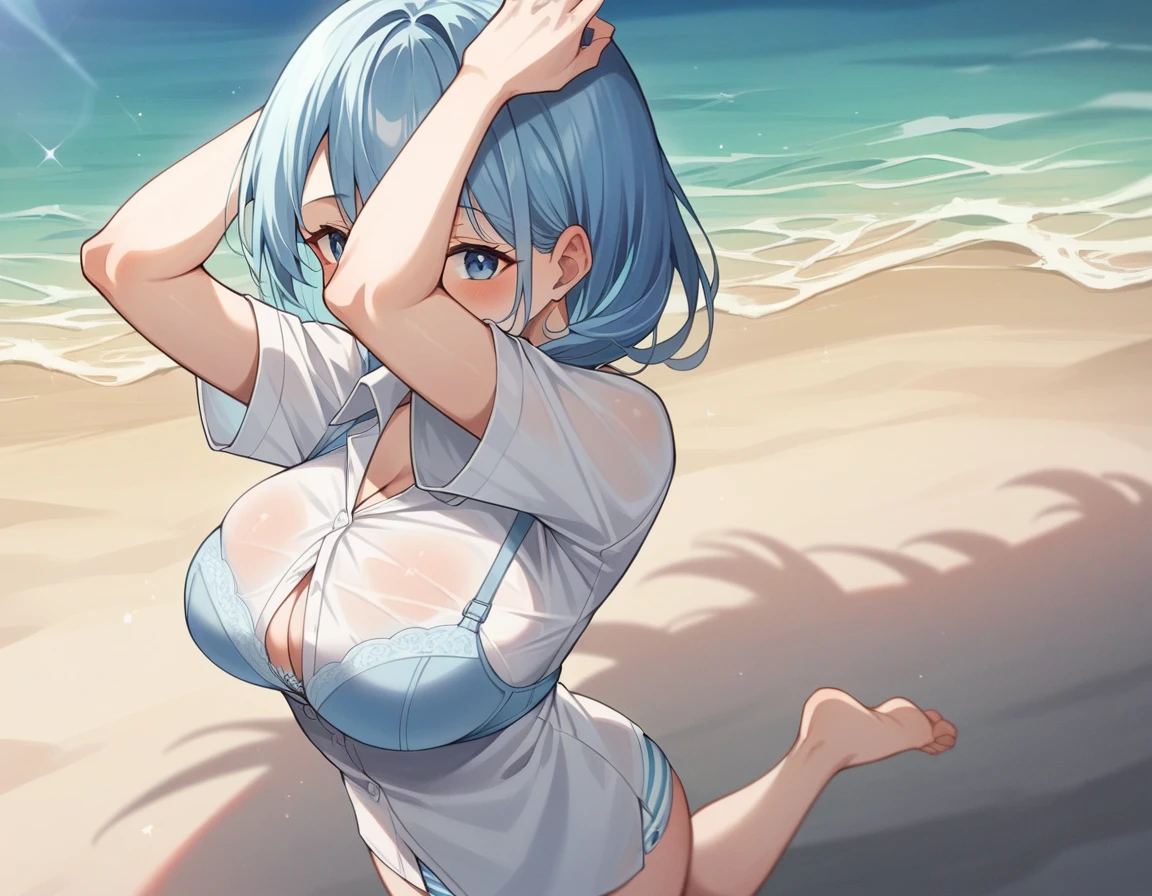 A cute white dress shirt and a skin-tight light blue bra.、Cute light blue bra、Cross your arms and push your breasts up、She lifted her miniskirt with her hands、She revealed her light blue and white striped underwear.。.、Light blue underwear、Girl trying to take off her underwear、Sandy Beach, Sea and Blue、Big Breasts、barefoot、Standing posture、hug、