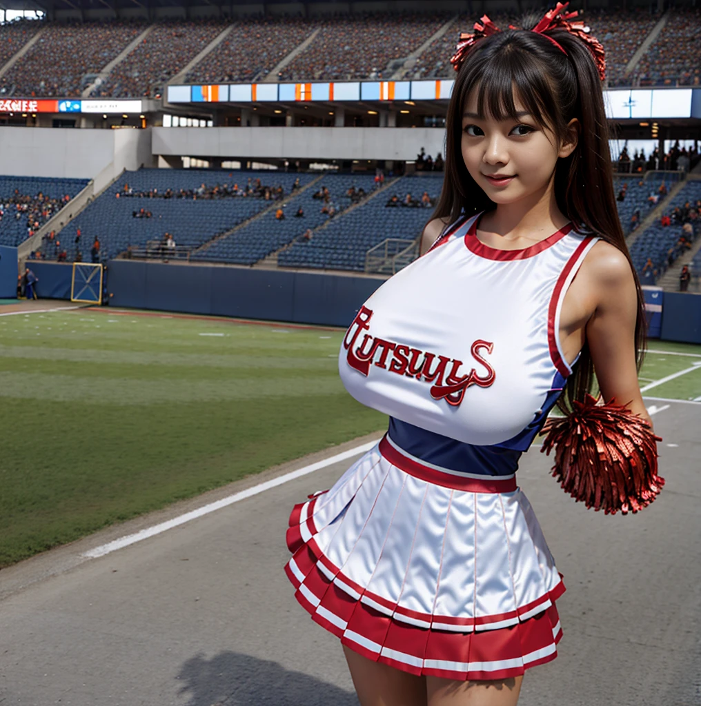 Highest quality,masterpiece,Ultra-high resolution, Very detailed, 8K,a beautiful Japanese woman:1.5, Small face, Black Hair, blunt bangs, Breast Augmen Surgery, (Gorgeous cheerleader costume:1.5), Dancing in the stadium