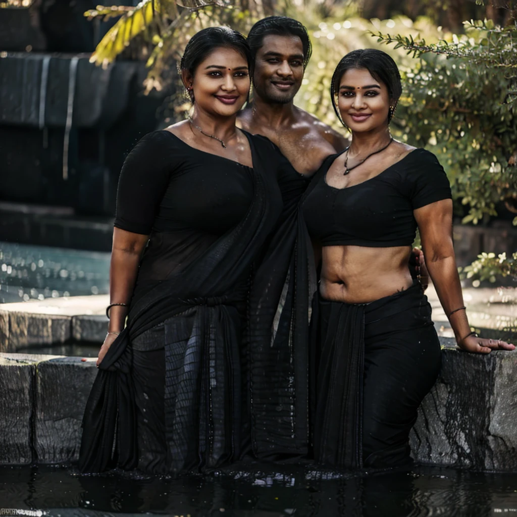 A Indian old man and girl in the water fall stone, standing pose, detailed,black Oldman, beautiful girl, couple pose, realistic, high quality, couples, romantic waist gripping pose, Indian actress, subtle smile, curvy,big cheeks, swooping breasts, saree, couples pose,