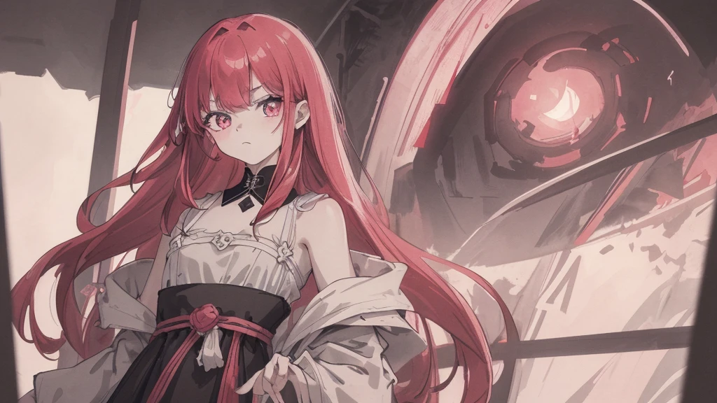 a girl with long red hair, heterochromatic eyes, pale skin, flat chest, wearing a black dress combined with a flawless pink blouse, with a more elegant and sophisticated touch, something that matches his mysterious and strong personality. In general, its appearance would be striking, attract curious and intrigued glances, flat chested, cinematic lighting, chromatic aberration, backlighting, Masterpiece, High details, high quality, 4k, NSFW, uncensored