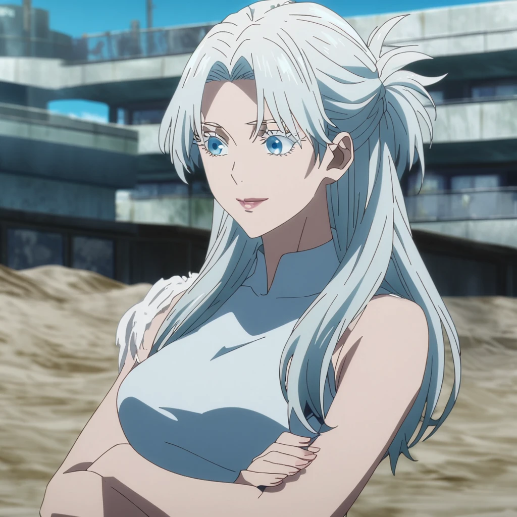 1girl, female gojo satoru, anime screencap from jujutsu kaisen, gojo satoru female version, solo, long_hair, blue eyes, ((white eyelashes)), ((white_hair)), beach view, breasts, upper_body, smile, indoors, book, bangs, blue_eyes, lips, (parted bangs) , ((her hairstyle : The character in the image has long straight white hair, hair on her shoulder )) wearing bikini, breast, "very detailed and high resolution" (blue eyes) ((cross arms)) ((long hair)) ((solo)) ((high resolution)) ((upper body)) (Good quality)
