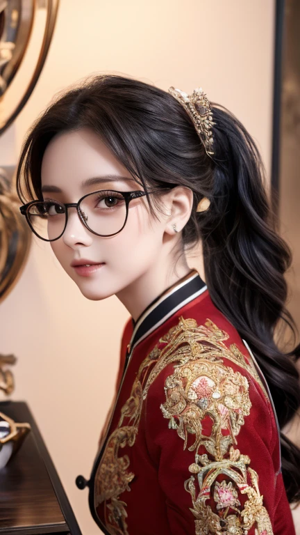 (8k, best quality, masterpiece), highly detailed, Masterpiece, realistic lighting, masterpiece, best quality, masterpiece, official artwork, highly detailed 8k unity CG wallpaper, age woman with cute face, long black hair and hair tied in a ponytail with a beautiful diamond ribbon, elegant and beautiful, wearing glasses, wearing a long red shift dress with embroidery, breasts look big, wearing high heels.