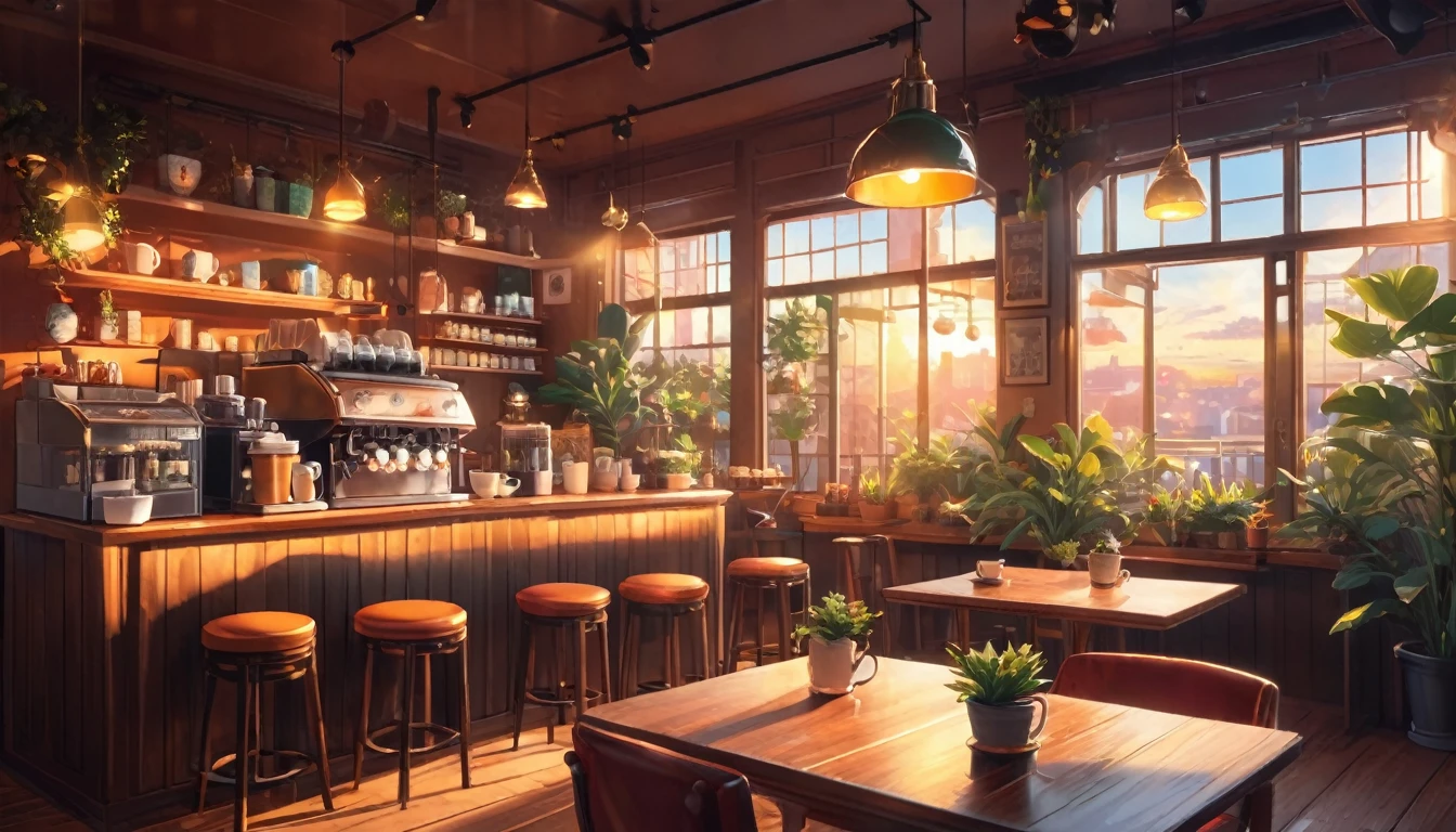work space ,Anime-style, horizontal, the interior of a coffee shop is illustrated with intricate details and vibrant colors. Delicate steam rises from the hot coffee cup on the table, seats are with soft cushions, a lot of potted plants, adding to the cozy and inviting atmosphere. Soft lighting casts a warm and beautiful glow over the dreamy scene, it's evening time, making it an ideal place to unwind and escape reality. (Prompt B and C) Anime-style coffee shop interior, hot coffee steaming on the table, creating a cozy, beautiful and dreamy ambiance. (High resolution, 8k) Very detailed anime illustration of a coffee shop interior, showcasing a hot cup of coffee on a table, evoking a warm and cozy