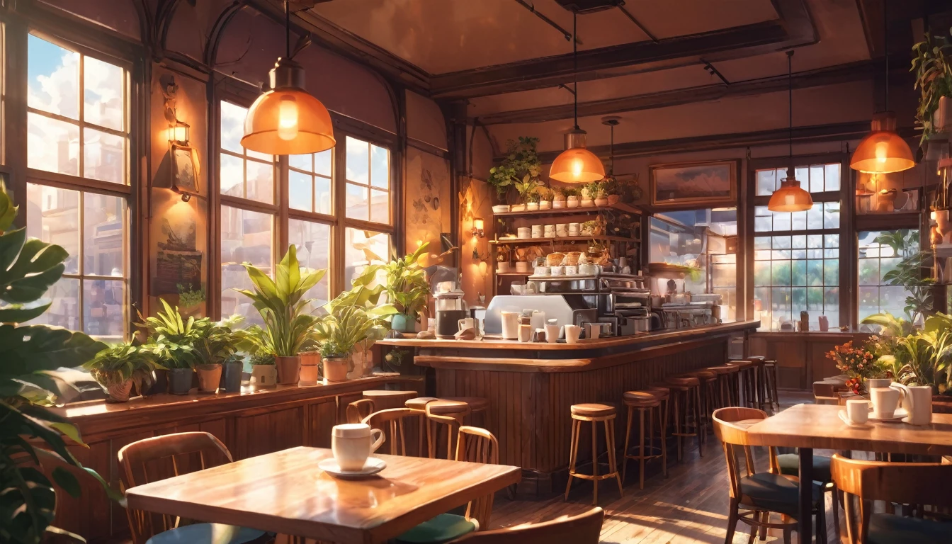 work space ,Anime-style, horizontal, the interior of a coffee shop is illustrated with intricate details and vibrant colors. Delicate steam rises from the hot coffee cup on the table, seats are with soft cushions, a lot of potted plants, adding to the cozy and inviting atmosphere. Soft lighting casts a warm and beautiful glow over the dreamy scene, it's evening time, making it an ideal place to unwind and escape reality. (Prompt B and C) Anime-style coffee shop interior, hot coffee steaming on the table, creating a cozy, beautiful and dreamy ambiance. (High resolution, 8k) Very detailed anime illustration of a coffee shop interior, showcasing a hot cup of coffee on a table, evoking a warm and cozy