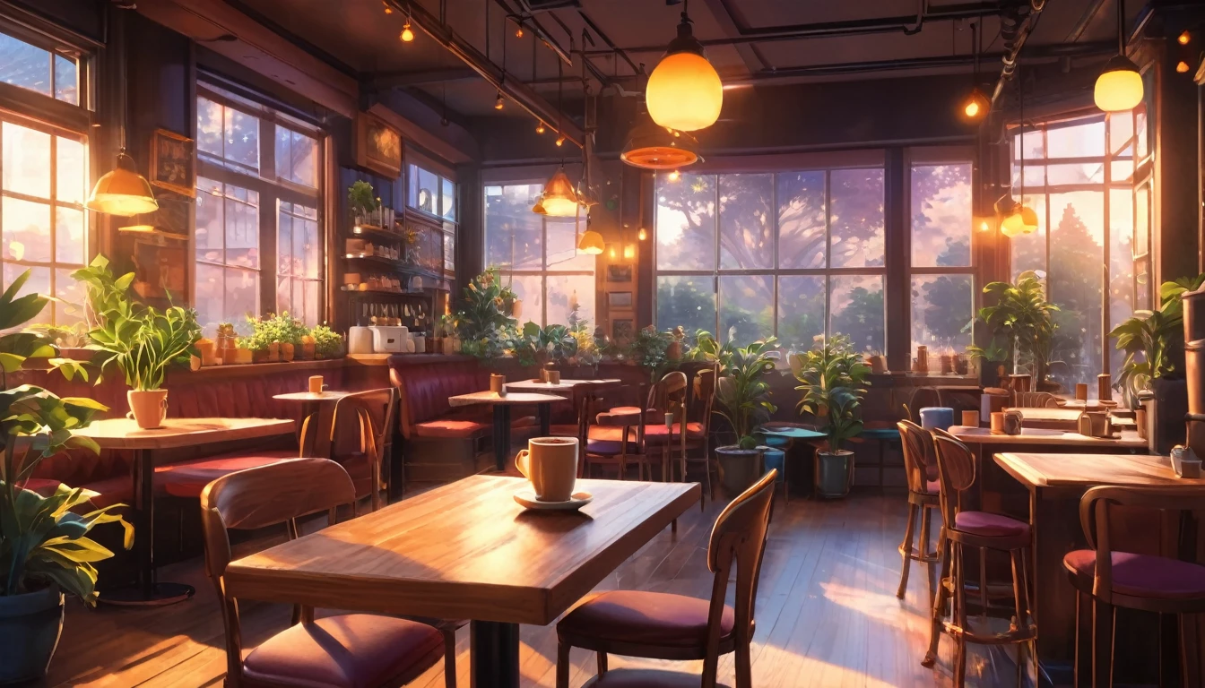 work space ,Anime-style, horizontal, the interior of a coffee shop is illustrated with intricate details and vibrant colors. Delicate steam rises from the hot coffee cup on the table, seats are with soft cushions, a lot of potted plants, adding to the cozy and inviting atmosphere. Soft lighting casts a warm and beautiful glow over the dreamy scene, it's evening time, making it an ideal place to unwind and escape reality. (Prompt B and C) Anime-style coffee shop interior, hot coffee steaming on the table, creating a cozy, beautiful and dreamy ambiance. (High resolution, 8k) Very detailed anime illustration of a coffee shop interior, showcasing a hot cup of coffee on a table, evoking a warm and cozy