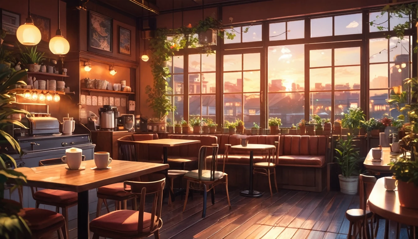 work space ,Anime-style, horizontal, the interior of a coffee shop is illustrated with intricate details and vibrant colors. Delicate steam rises from the hot coffee cup on the table, seats are with soft cushions, a lot of potted plants, adding to the cozy and inviting atmosphere. Soft lighting casts a warm and beautiful glow over the dreamy scene, it's evening time, making it an ideal place to unwind and escape reality. (Prompt B and C) Anime-style coffee shop interior, hot coffee steaming on the table, creating a cozy, beautiful and dreamy ambiance. (High resolution, 8k) Very detailed anime illustration of a coffee shop interior, showcasing a hot cup of coffee on a table, evoking a warm and cozy