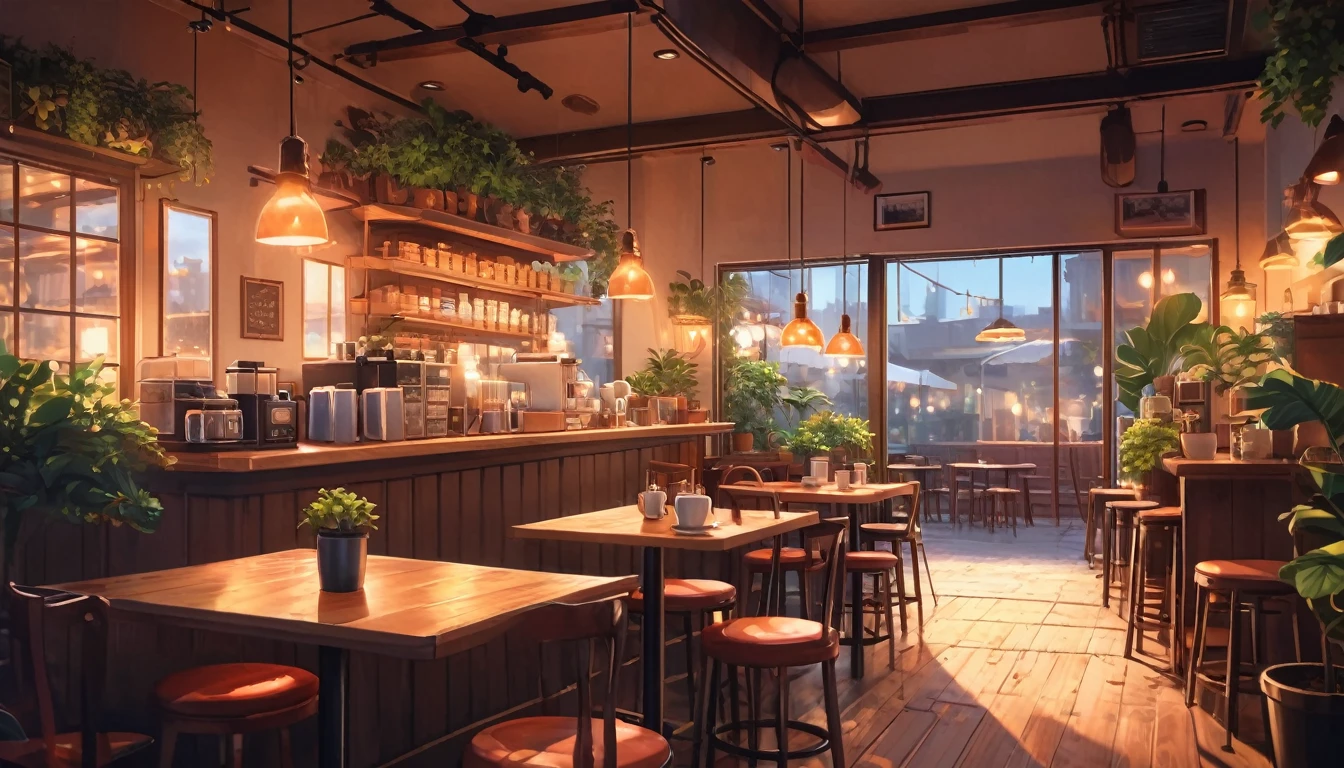 work space ,Anime-style, horizontal, the interior of a coffee shop is illustrated with intricate details and vibrant colors. Delicate steam rises from the hot coffee cup on the table, seats are with soft cushions, a lot of potted plants, adding to the cozy and inviting atmosphere. Soft lighting casts a warm and beautiful glow over the dreamy scene, it's evening time, making it an ideal place to unwind and escape reality. (Prompt B and C) Anime-style coffee shop interior, hot coffee steaming on the table, creating a cozy, beautiful and dreamy ambiance. (High resolution, 8k) Very detailed anime illustration of a coffee shop interior, showcasing a hot cup of coffee on a table, evoking a warm and cozy