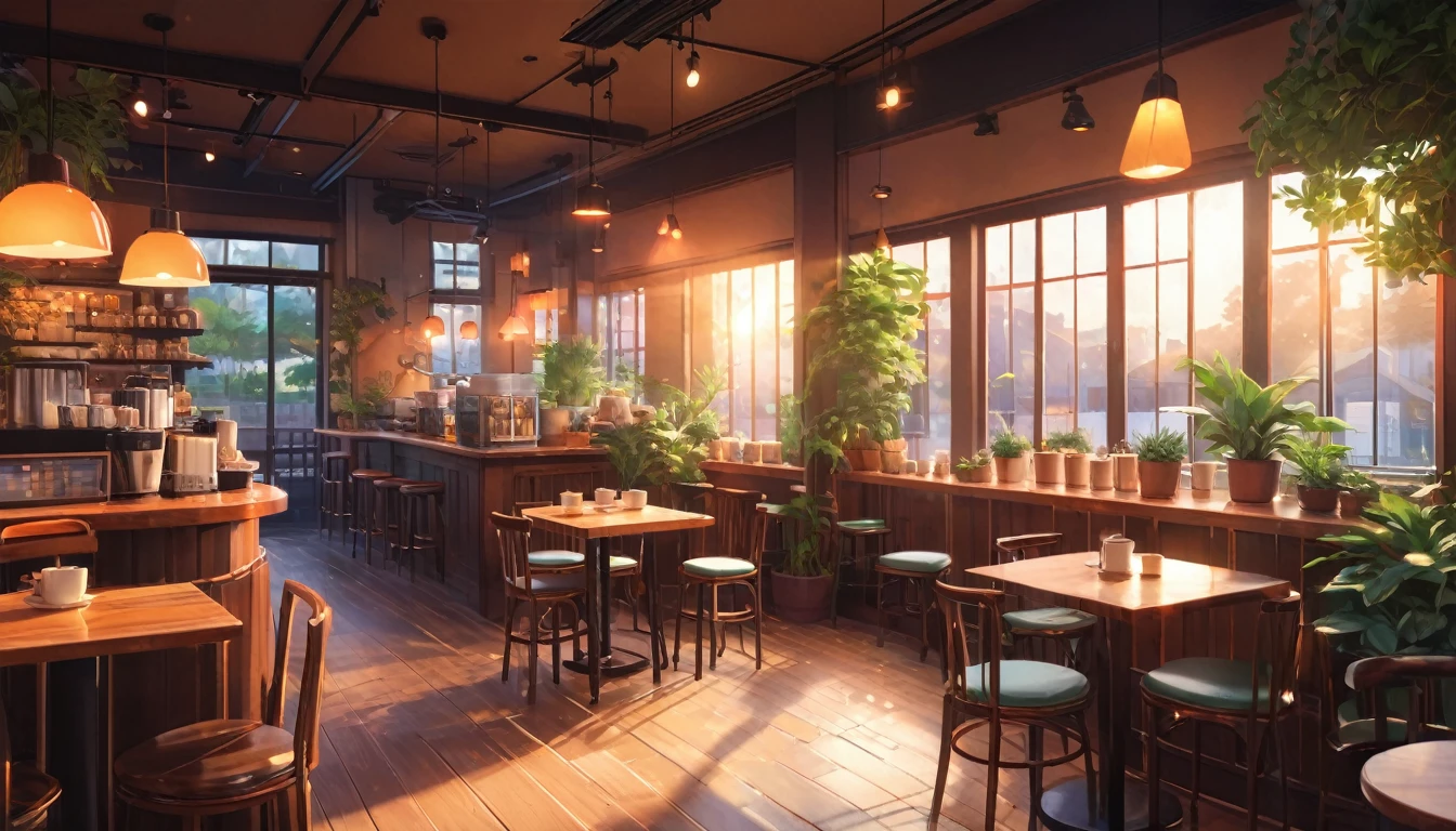 work space ,Anime-style, horizontal, the interior of a coffee shop is illustrated with intricate details and vibrant colors. Delicate steam rises from the hot coffee cup on the table, seats are with soft cushions, a lot of potted plants, adding to the cozy and inviting atmosphere. Soft lighting casts a warm and beautiful glow over the dreamy scene, it's evening time, making it an ideal place to unwind and escape reality. (Prompt B and C) Anime-style coffee shop interior, hot coffee steaming on the table, creating a cozy, beautiful and dreamy ambiance. (High resolution, 8k) Very detailed anime illustration of a coffee shop interior, showcasing a hot cup of coffee on a table, evoking a warm and cozy
