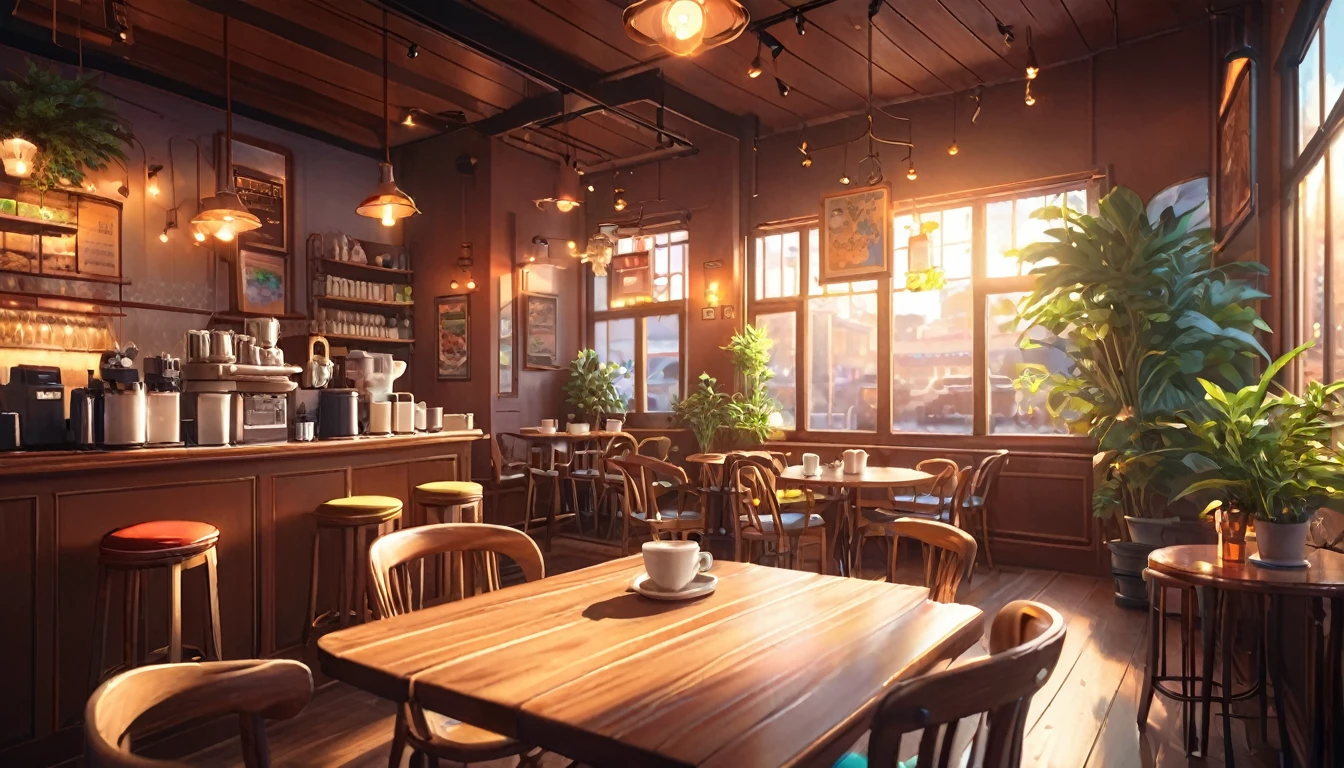 work space ,Anime-style, horizontal, the interior of a coffee shop is illustrated with intricate details and vibrant colors. Delicate steam rises from the hot coffee cup on the table, seats are with soft cushions, a lot of potted plants, adding to the cozy and inviting atmosphere. Soft lighting casts a warm and beautiful glow over the dreamy scene, it's evening time, making it an ideal place to unwind and escape reality. (Prompt B and C) Anime-style coffee shop interior, hot coffee steaming on the table, creating a cozy, beautiful and dreamy ambiance. (High resolution, 8k) Very detailed anime illustration of a coffee shop interior, showcasing a hot cup of coffee on a table, evoking a warm and cozy
