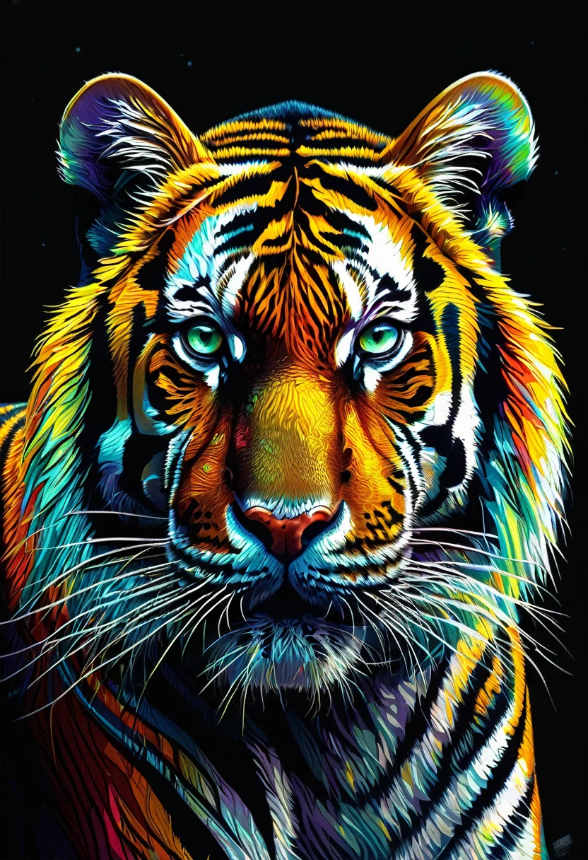 A mesmerizing dark fantasy illustration of a captivatingly detailed tiger, its intense and striking stripes popping against a dark canvas background. The tiger's hypnotic, glowing eyes draw the viewer into the painting. The vibrant colors of the tiger's fur contrast dramatically with the black background, creating a stunning visual effect that is both eerie and beautiful. The overall atmosphere of the illustration is intense and enchanting, leaving a lasting impression on the viewer., illustration, dark fantasy, vibrant